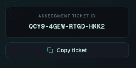 Assessment ticket ID shown on the application confirmation screen