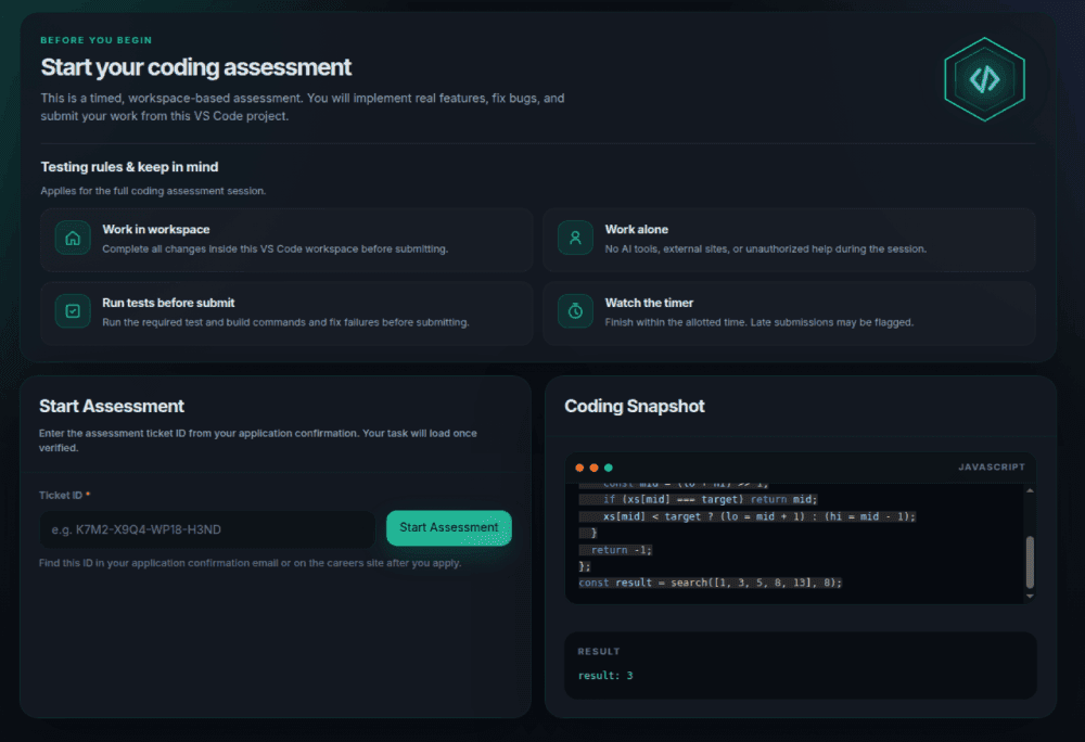Coding Assessment start screen with rules, ticket verification, and coding snapshot
