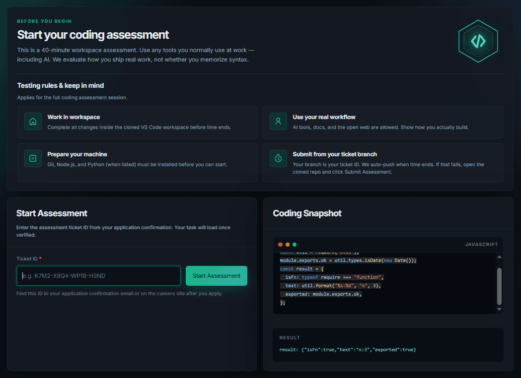 Coding Assessment start screen with rules, ticket verification, and coding snapshot