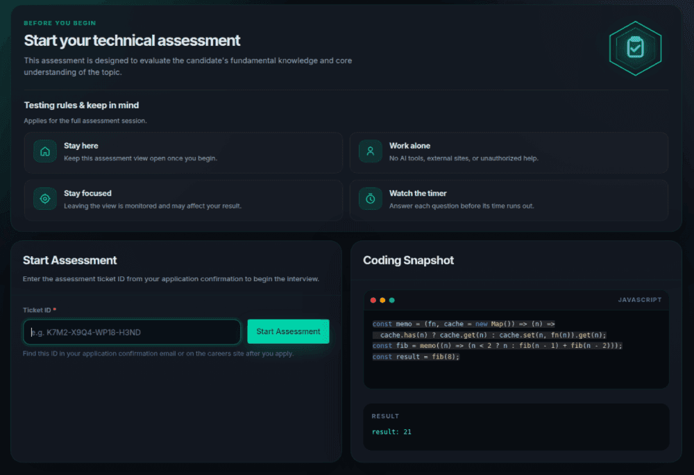 Technical Assessment start screen with rules, ticket field, and coding snapshot