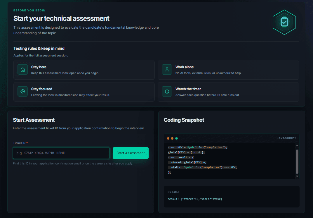 Technical Assessment start screen with rules, ticket field, and coding snapshot