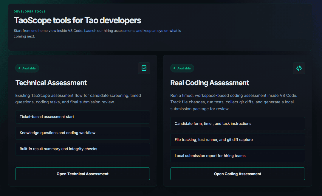 TaoScope Tool Hub showing Technical Assessment and Real Coding Assessment cards