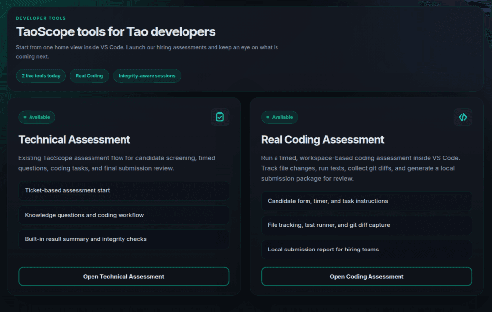 TaoScope Tool Hub showing Technical Assessment and Real Coding Assessment cards