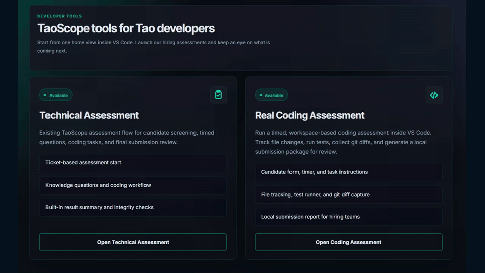 TaoScope assessment workflow: Tool Hub, start screen, questions, and results